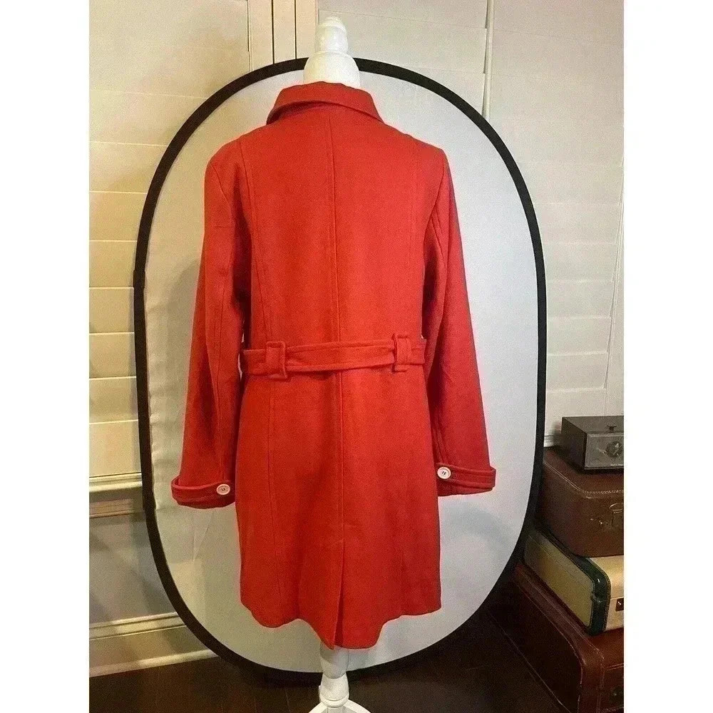 MODCLOTH Wool Coat L Red NWT Peacoat Tie Front Trench Long White Buttons Women’s - Picture 2 of 9